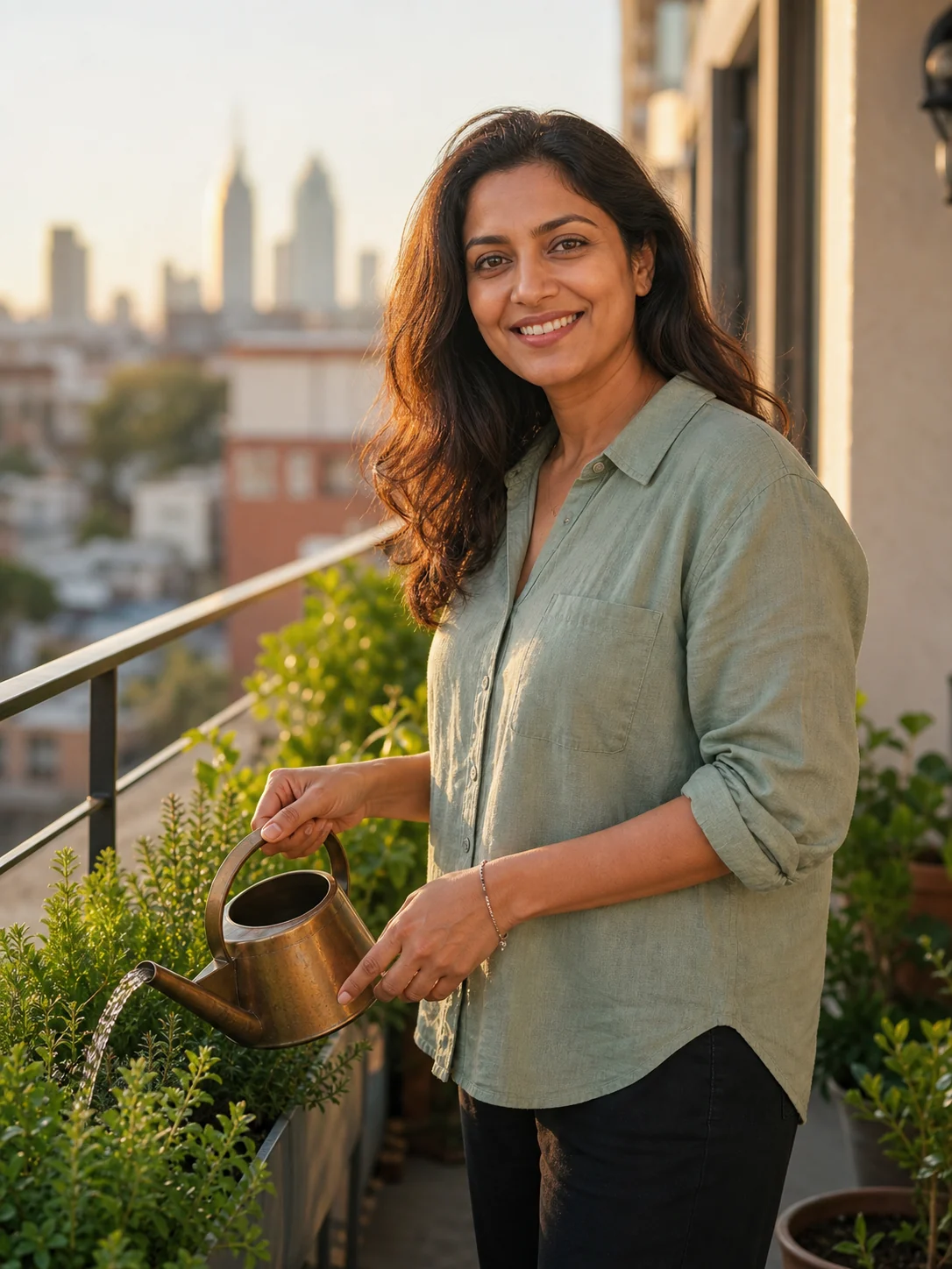 An adult smiling on a balcony