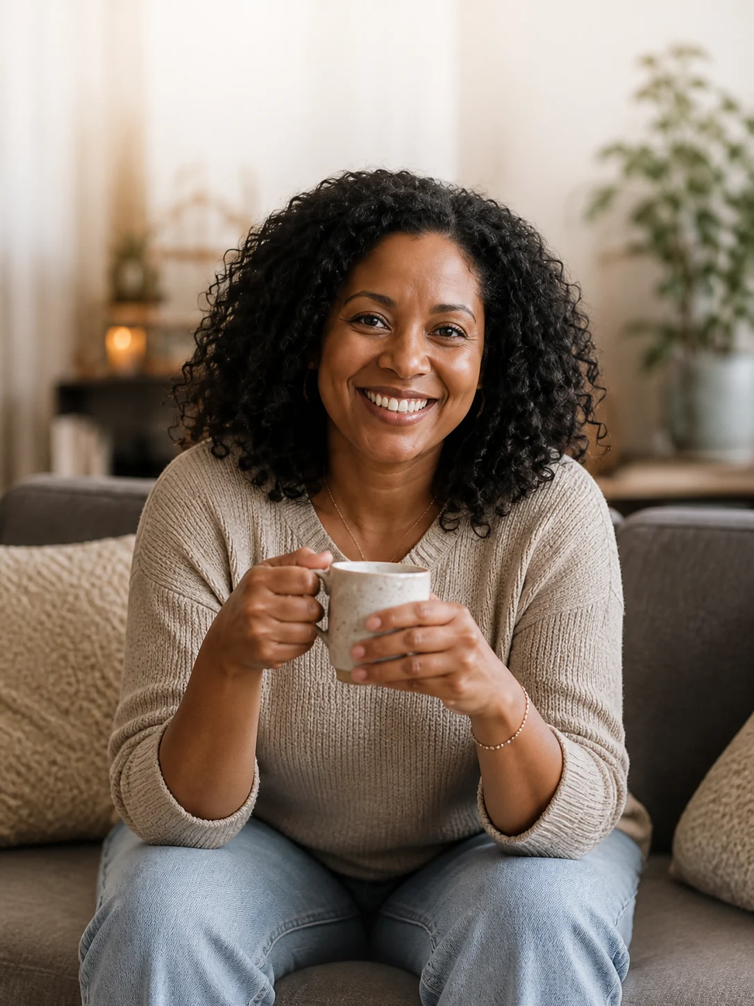 A confident adult relaxing at home