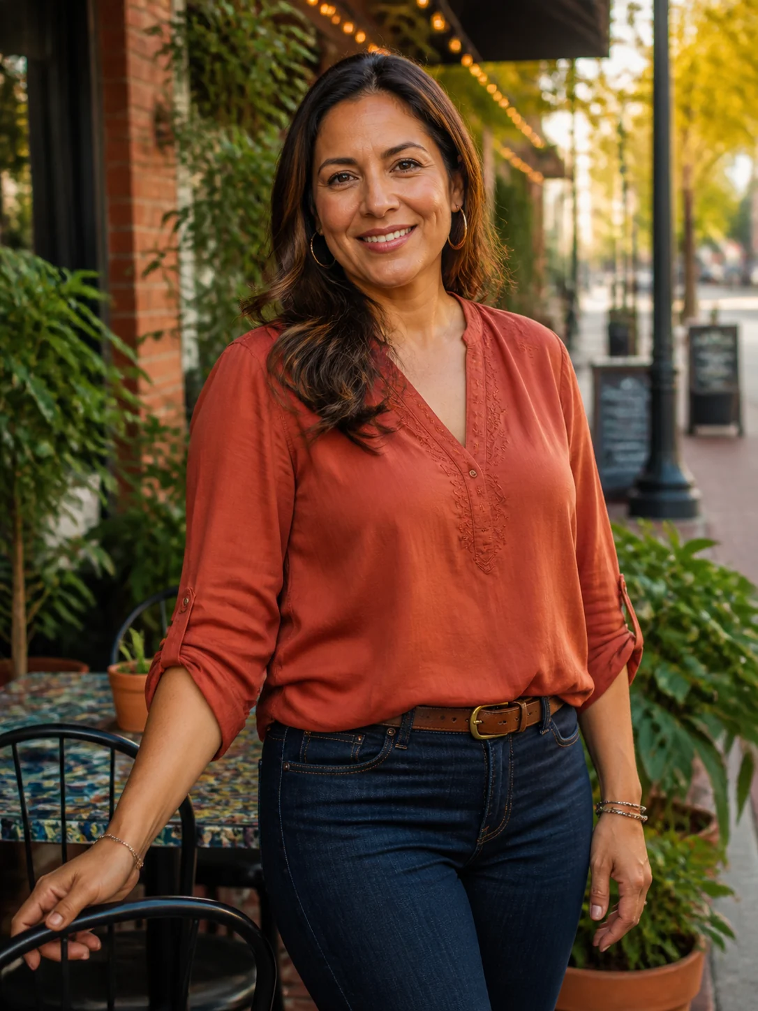 An adult smiling on a terrace